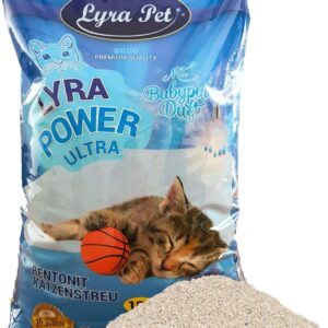 Lyra Pet® | 15 Liter Lyra Power Ultra Excellent Katzenstreu | Mit Babypuder Duft | Klumpstreu | 350% Saugkraft | Naturprodukt aus Bentonit | Stark Klumpend | Saubere Wohnung | Neutralisiert Gerüche