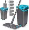 MASTERTOP Wischmopp Set mit Eimer, Bodenwischer Set mit 6 Mikrofaser Wischpads und Edelstahlgriff, 2 in 1 Putzeimer mit Wischmop, Wischer mit Auswringfunktionfür Alle Bodentypen, Grau+Blau