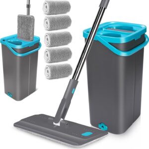 MASTERTOP Wischmopp Set mit Eimer, Bodenwischer Set mit 6 Mikrofaser Wischpads und Edelstahlgriff, 2 in 1 Putzeimer mit Wischmop, Wischer mit Auswringfunktionfür Alle Bodentypen, Grau+Blau