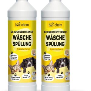 bio-chem Geruchsentferner Wäschespülung 2x 1000 ml – Mikrobiologischer Wäsche Enzymreiniger mit Messbecher – Geruchsneutralisierer gegen Geruch von Urin, Hund & Katzen für alle Textilien – Made in DE