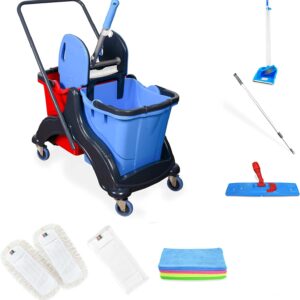Hypafol Putzwagen Reinigungswagen Set | 2 x 25 l Eimer mit Wischmopp-Presse und Kehrgarnitur | inkl. 2X 50cm Baumwoll Wischmopp, 1x Mikrofaser-Mopp | je 4 Mikrofasertücher in rot, gelb, grün, blau