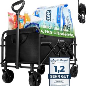 HIKENTURE Bollerwagen Faltbar 65Liter&100KG belastbar – Wiegt nur 4,9KG- Extrem Faltbarer Bollerwagen – Klappbarer Handwagen Einkaufstrolley für Strand Camping Einkauf