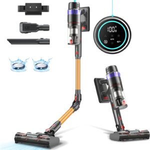 PRETTYCARE Akku Staubsauger, 45KPA/560W kabelloser Staubsauger, Akkustaubsauger Super Leise mit LED Display/Anti-Tangle-Bürste, 60Min Auto-Modus Stielsauger für Tierhaare, Teppiche und Hartböden V3