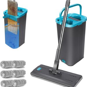 Midyb Putzeimer mit Wischmop, Flacher Wischmopp Set mit Eimer, 6 Mikrofaser Mopp Pads für Nass- und Trockenanwendung, Wischer mit Auswringfunktion für Hartholz Fliesen Marmor Laminat, Grau