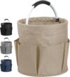 IHOMAGIC Freistehend Werkzeugkorb, Faltbare Aufbewahrungsbox, Gartenwerkzeuge Tasche, 1 Hauptfach mit 6 Außentaschen, Aufbewahrungskorb für Camping, Tagesreisen, Wandern, Grillen 28x28cm 17L – Khaki