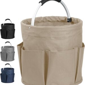 IHOMAGIC Freistehend Werkzeugkorb, Faltbare Aufbewahrungsbox, Gartenwerkzeuge Tasche, 1 Hauptfach mit 6 Außentaschen, Aufbewahrungskorb für Camping, Tagesreisen, Wandern, Grillen 28x28cm 17L – Khaki