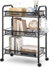 Urackify 3-stöckiger Rollwagen, Multifunktionaler mobiler Küchenwagen für Bad, Küche & Waschküche. Rostbeständiges Metall, atmungsaktiver Netzkorb & Seitenhaken inklusive. Einfache Montage, Schwarz
