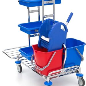 Wisch-Star Chrom Putzwagen Reinigungswagen mit Presse, 2X 17 Liter Eimer, 3X Ablagefächer und 2X 120 Liter Müllsackhalterung