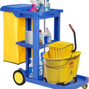 bimiti Reinigungswagen mit 65 L Müllsack Tasche, 83 x 46 x 90 cm, 3 Ebenen Profi Reinigungswagen Putzwagen Haushaltswagen mit 4 Rollen, für Hotelservice/Einkaufszentren/Büros, Blau + Gelb