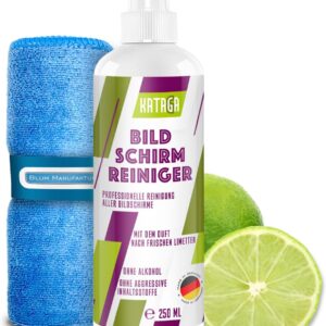 KATAGA 250ml Bildschirmreiniger mit Limettenduft + 30×30 cm Mikrofasertuch – Screen Cleaner – Display Reiniger – Absolut streifenfreie Reinigung von Handy, Laptop, PC, TV