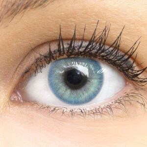 GLAMLENS Jasmine Light Blue Blau + Behälter | Sehr stark deckende natürliche blaue Kontaktlinsen farbig | farbige Monatslinsen aus Silikon Hydrogel | 1 Paar (2 Stück) | DIA 14.00 | ohne Stärke