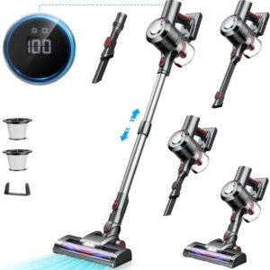 KLiHD Akku Staubsauger Staubsauger Kabellos: 450W/38000Pa mit LED Display Bis zu 55Mins Laufzeit Anti-Tangle-Staubsauger Stielstaubsauger für Tierhaare Hartböden Teppich