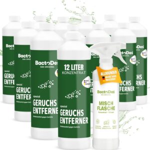 BactoDes – Spezial Geruchsneutralisierer 12L Konzentrat mit Spray-Mischflasche – Universal Enzymreiniger mit bio Mikroben-Wirkung – Effektiver Geruchsentferner für sämtliche unangenehme Gerüche