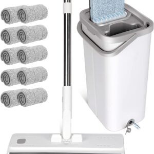 Masthome Wischmopp Set mit Eimer,Bodenwischer Set mit 10 Mikrofaser Pads und Langem Edelstahl Griff,Putzeimer mit Wischmop,Wischmopp mit Auswringfunktion für Alle Böden,Weiß