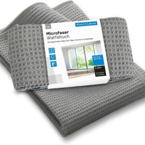 POLYCLEAN 2X Waffeltuch – leistungsstarkes Fensterputztuch für Glas und Scheiben (60 x 40 cm) – Mikrofasertücher inklusive 1x gratis Wäschesack