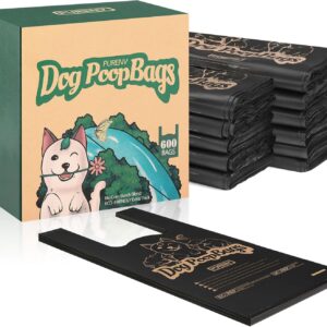 PURENV Hundekotbeutel Biologisch Abbaubar mit Henkel, 600 Eco-Freundlich Kacktüten für Hunde mit Griff, Große 18 * 38 CM, 100% Auslaufsicher, Extra Dick und Stark 10-Monatsvorrat mit Spenderbox