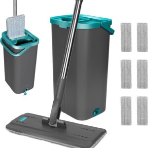 Wischmopp Set mit Eimer,Masthome Bodenwischer Set mit 6 Mikrofaser Wischpads, 2 In 1 Edelstahl Griff Putzeimer mit Wischmop für Bodenreinigung, Holzböden, Laminat, Fliesen, Grau+Grün
