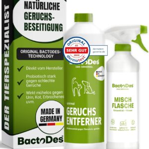 BactoDes – Animal Geruchsneutralisierer 1L Konzentrat mit Spray-Mischflasche – Starker Enzymreiniger Katzenurin, Hundeurin & Tiergerüche – Effektiver Geruchsentferner mit bio Mikroben-Wirkung