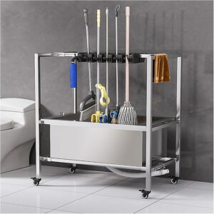 Besenhalterung Und Mopphalter Werkzeughalter Gartengerätehalter Besenhalter Putzmittel Organizer Putzwagen Reinigungswagen Edelstahl Mop-Abflussregal mit Feststellräder ( Size : 56cm-4slots 5hooks )
