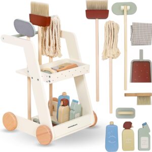 Mamabrum 3-in-1 Holz-Putzwagen für Kinder 3+ – Lauflernwagen, Reinigungsset und Rollenspielzeug, Pädagogisches Spielzeug, Fördert kreatives Spiel