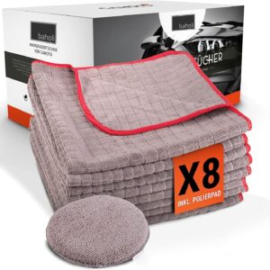BAHOLI | 8X Mikrofasertücher inkl. 1X Polierpad extra lackschonend – Microfasertuch Autopflege 40x40cm fusselfrei & ohne Ausfransen
