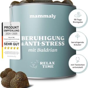 mammaly Beruhigungsmittel für Hunde Relax Time – 110 Leckerlis mit Baldrian & Zitronenmelisse (Entspannungs- & Anti-Stress-Mittel) leckere Snacks Seelenruhe & Entspannung Hund bei Angst/Stress