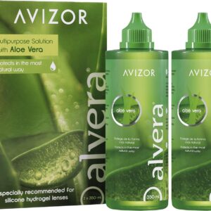 Kontaktlinsenflüssigkeit AVIZOR Alvera 2 × 350 ml im Etui. Lösung zur Reinigung und Desinfektion aller Arten von weichen Kontaktlinsen.
