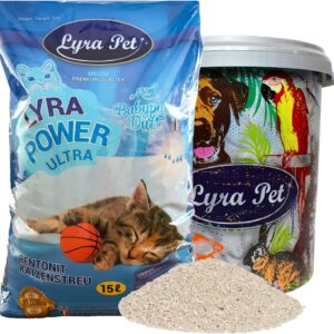 Lyra Pet® | 15 Liter Lyra Power Ultra Excellent Katzenstreu + 30 L Tonne | Mit Babypuder Duft | Klumpstreu | 350% Saugkraft | Naturprodukt aus Bentonit | Saubere Wohnung | Neutralisiert Gerüche