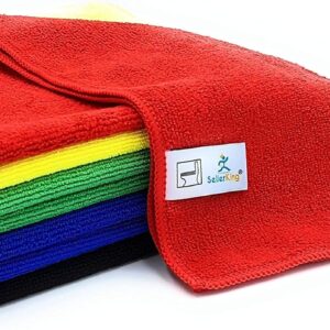 SellerKing® 7 Mikrofasertücher im 4 + 1 Farben-System. Microfaser-Reinigungstücher Küche Haushalt Bad Toilette + Auto-Pflege. Grün Blau Gelb Rot Schwarz im 5 Farben Set. 40 x 40 cm