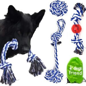 4LegsFriend Hundespielzeug Set 4 Stück, Seil Kauspielzeug, Zerrspielzeug, Wurfspielzeug für Mittlere bis Sehr Große Hunde, Robustes Baumwoll Hund Spielzeug Kauen & Beißen, Hunde Zubehör, Waschbar