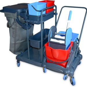 Hypafol Putzwagen Reinigungswagen | 2×5 l + 2×18 l Eimer | Doppelfahrwagen mit Moppresse, Utensilbehälter & Abfall-Eimer | für Gebäudereinigung, Hotelservice, Gastronomie, Großküche, Büros oder Arzt