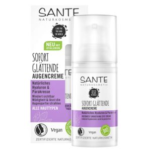 SANTE Naturkosmetik Sofort Glättende Augencreme Natürliches Hyaluron & Parakresse, Bio-Gesichts-Creme zur Minderung erster Fältchen, Anti-Aging-Wirkung, Glatte Haut mit Spilanthol, Vegan, 15ml