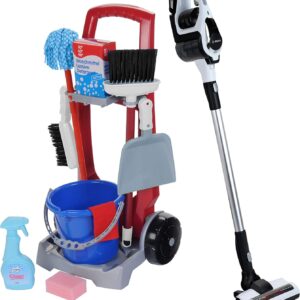 Theo Klein 6098 Putzwagen I Leicht zu montieren I 9-teiliges Zubehör inkl. Spielzeug-Staubsauger, Besen, Wischmop, Eimer u.v.m. I Spielzeug für Kinder ab 3 Jahren