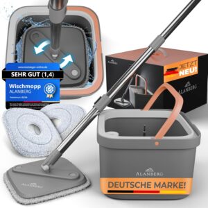 ALANBERG® Wischmopp Set mit Eimer – 2-Kammer-System für Schmutz- & Frischwassertrennung – Selbstauswringend, Mikrofaser Wischpads – Bodenwischer für alle Böden, Grau