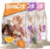 TerraCat Katzenstreu, 27L-3er Pack Cat Litter, 100% Bentonit Katzenstreu Klumpstreu, Hohe Saugfähigkeit Klumpstreu für Katzen, Staubfrei Katzenstreu Klumpend, Babypuder-Orange-Lavendel Duft, 21Kg