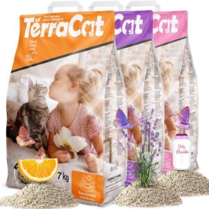 TerraCat Katzenstreu, 27L-3er Pack Cat Litter, 100% Bentonit Katzenstreu Klumpstreu, Hohe Saugfähigkeit Klumpstreu für Katzen, Staubfrei Katzenstreu Klumpend, Babypuder-Orange-Lavendel Duft, 21Kg