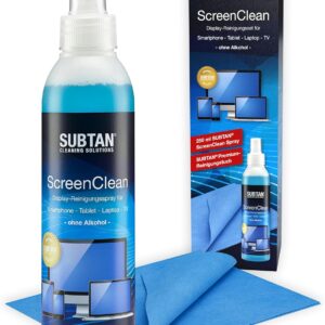 SUBTAN 250 ml ScreenClean Bildschirmreiniger Set für alle Displays – Displayreiniger Spray alkoholfrei und Reinigungstuch 30 x 38 cm – entfernt Staub, Fett- und Fingerabdrücke