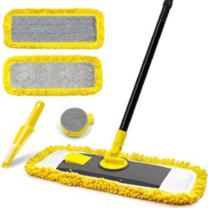 JEHONN Bodenwischer Wischmopp mit Mikrofaser & Chenille Pads, 127 cm Teleskopstiel Wischer Boden für Hartholz Laminat Fliesen Vinyl Küche Bad Haus (Gelb)