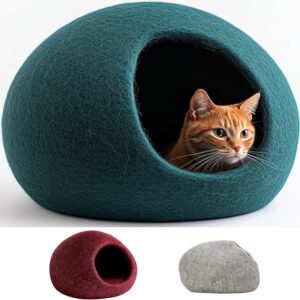 ecocasa Katzenhöhle Katzenbett Katzenhaus XL – auch für große Katzen – außen robust & innen kuschelig weich – handgemacht aus neuseeländischer Wolle – waschmaschinenfest (Petrol)