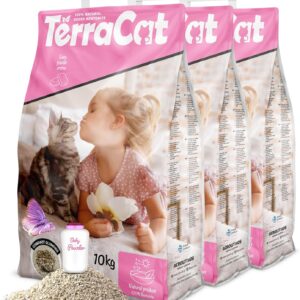 TerraCat katzenstreu, 37.5L – 3er Pack Cat Litter, 100% Griechischer Bentonit Katzenstreu Klumpstreu, Hohe Saugfähigkeit Klumpstreu für Katzen, Staubfrei Katzenstreu Klumpend, Baby Puder Duft, 30Kg