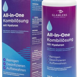 Glamlens by Funnylens Kontaktlinsen Flüssigkeit MIT HYALURON – 350ml Kontaktlinsenflüssigkeit Pflegemittel ALL IN ONE Kombilösung für weiche Linsen mit Behälter – Premium Fluessigkeit
