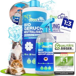 FreeClean® Bio Geruchsneutralisierer Konzentrat 1000ml [EXTRA STARK OHNE CHEMIE] Enzymreiniger Katzenurin inkl Mischflasche – Hochkonzentrierter Geruchsentferner als Textilerfrischer – Made in DE