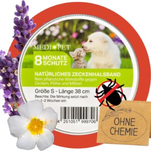 MEDIDOG Natürliches Zeckenhalsband – Größe S 38 cm, für kleine Hunde & Katzen – mit Zistrose- & Lavendelöl – ohne Chemie