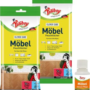POLIBOY Möbel Feuchttücher – Staubtücher für alle Oberflächen, Holz, Kunststoff, Metall – Allzweckfeuchttücher für den Haushalt – 2x 24 Tücher – Mit Produktprobe – Made in Germany
