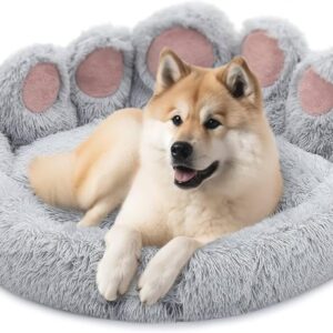 pfoten&nasen® Bärenpfote Hundebett [Hellgrau, M – 75cm] Für Mittelgroße Hunde, Hundebett Waschbar, Hundebett Donut, Hundebett Rund, Hundebett Flauschig, Dog Bed, Donut Hundebett.