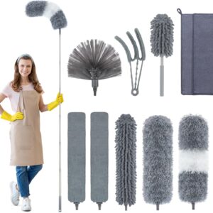 bemece 11 Stücke Staubwedel Teleskop Waschbar, Staubwedel lang ausziehbar bis 250 cm, Teleskop Staubwedel Set für Reinigen Decken, Lücken, Spinnweben – Grau