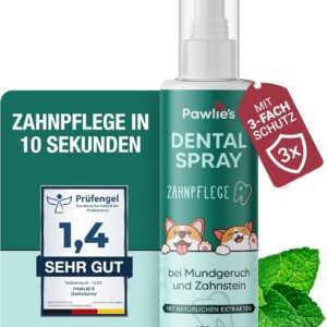 Pawlie’s Dentalspray für Hunde – Zahnsteinentferner Hund, Zahnpflege gegen Mundgeruch, Zahnstein, Plaque | Anti-Zahnstein Spray | Zuckerfrei + Vegan + Natürlich | Zahnspray für gesunde Maulhygiene