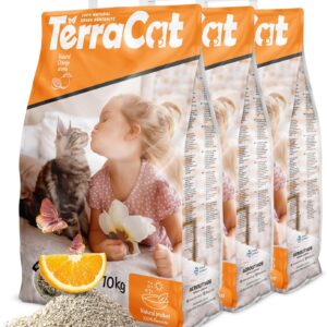 TerraCat katzenstreu, 37.5L – 3er Pack Cat Litter, 100% Griechischer Bentonit Katzenstreu Klumpstreu, Hohe Saugfähigkeit Klumpstreu für Katzen, Staubfrei Katzenstreu Klumpend, Orangenduft, 30Kg