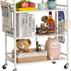 HDANI Mehrzweckwagen mit 3 Etagen aus Metallgeflecht, großes Fassungsvermögen, schweres Mehrzweckfahrzeug, Rollwagen mit Haken und einem Korb (weiß)