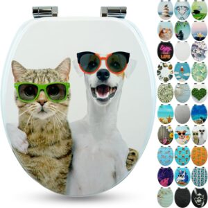 SANFINO® Premium WC Sitz mit Absenkautomatik – hochwertige Toilettendeckel aus Holz, viele bunte Motive, hoher Sitzkomfort, einfache Montage inklusive Montageanleitung – „Cat & Dog“
